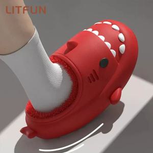 Litfun Furplush 상어 슬리퍼, 여성용 겨울 모피 슬리퍼, 아늑한 상어 슬라이드, 만화 모피 홈 모피 신발, 플랫폼 방수