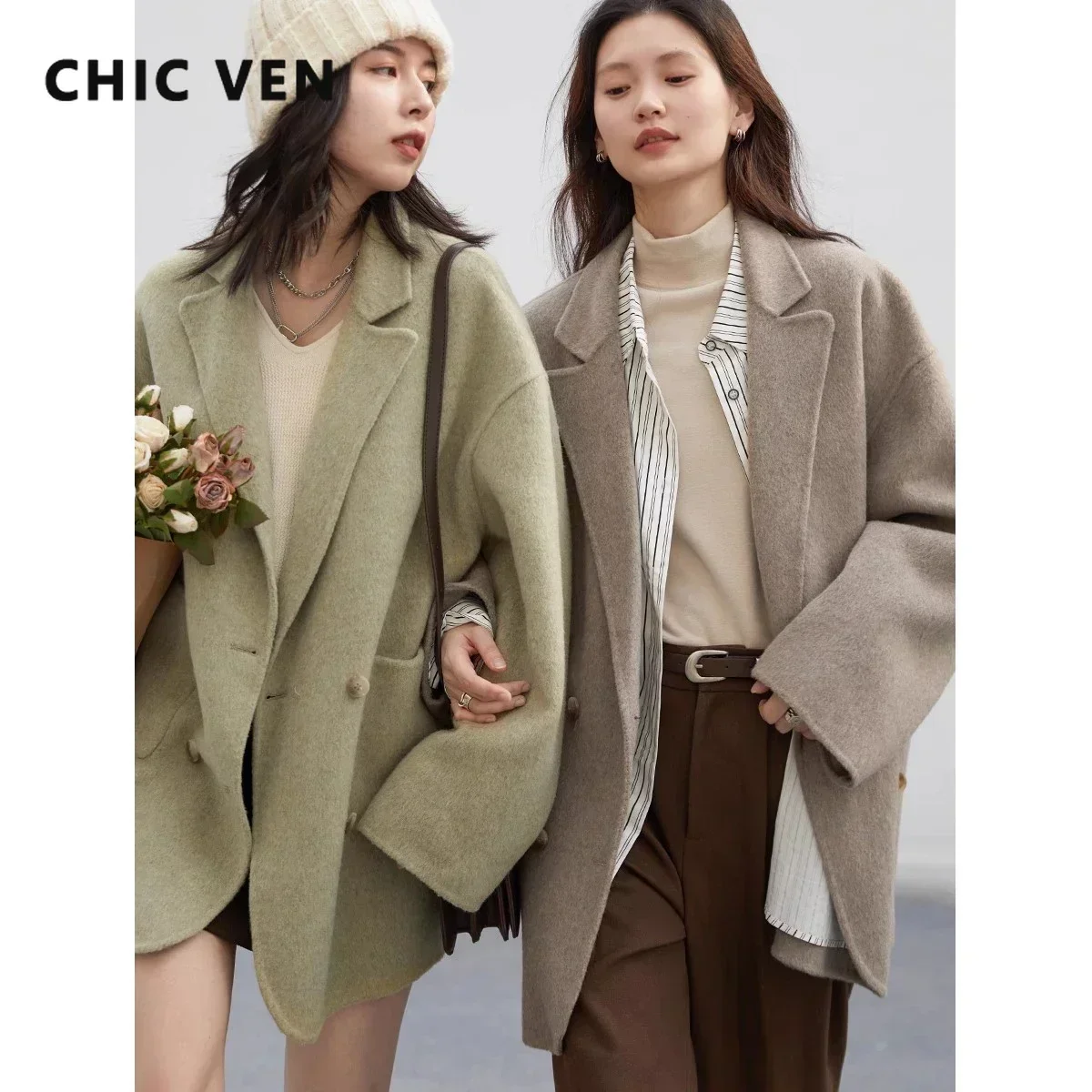 CHIC VEN 여성용 모직 코트, 루즈한 캐주얼 더블 브레스트 레트로 양면 재킷, 오피스 레이디 아우터, 가을 겨울 2023