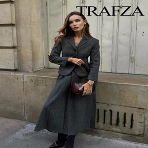 TRAFZA 2023 가을 여성 패션 세트, 단색 V넥 타이트 블레이저 + A라인 루즈핏, 편안한 미니멀리즘 스타일, 여성 롱 스커트