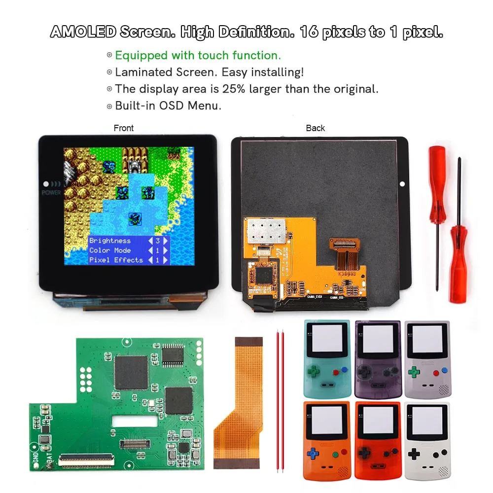 터치 적층 AMOLED OLED 스크린, 드롭 인 빌드 OSD 레트로 픽셀 스크린, GBC 게임보이 컬러용, 프리 컷 쉘 포함, 쉬운 설치