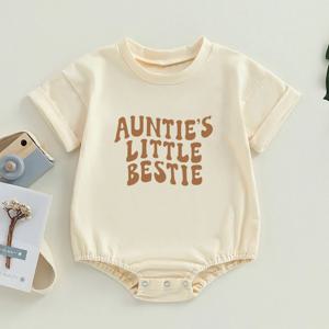 Auntie's Little Bestie Bubble Romper, 신생아, 여아, 남아용 옷, 반팔, 크루넥, 귀여운 바디 수트, 탑 의상, 여름