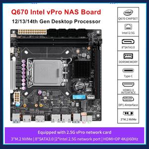 인텔 메인보드 vPro 8 베이 NAS 마더보드, 12 13 14 세대 LGA1700 CPU, 3x NVMe 8x SATA3.0 1x PCIEx16 2x DDR5 2x2.5G LAN, Q670