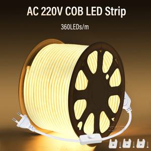 COB LED 스트립 방수 야외 장식 조명, 220V, 110V 플러그, 360LED/M RA90, 고휘도, 3000K, 4000K, 6000K 리본, 따뜻한 흰색