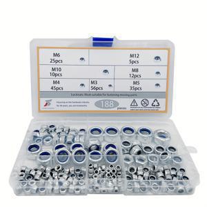 TEMU 188 조각 304 스테인레스 스틸 잠금 너트 구색 키트 잠금 와셔, 메트릭 나일론 삽입 잠금 너트에 적합 M3 M4 M5 M6 M8 M10 M12. 잠금 너트는 진동 및 충격과 같은 가혹한 환경에서 볼트 풀림 문제를 피할 수 있습니다.