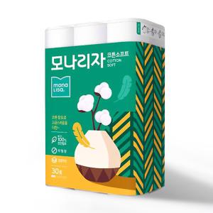 모나리자 코튼 소프트 화장지 3겹 데코 30롤 2팩/천연펄프/두루마리휴지/무형광/무색/무향/롤