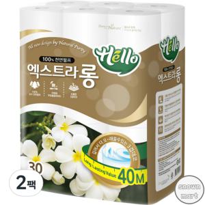 헬로 화장지 3겹 엑스트라롱 천연펄프 화장지 40m 30롤 × 2팩