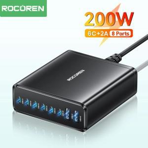 Rocoren 멀티 포트 USB C 타입 PD 고속 충전기 데스크탑 충전 파워 스테이션 아이폰 15 삼성 샤오미 200W 8