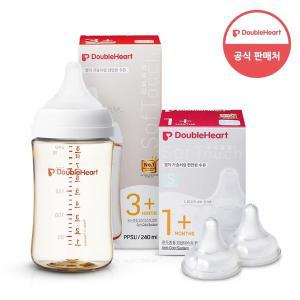 [더블하트] 모유실감 3세대 PPSU 젖병 싱글 240ml  제뉴인화이트 (젖꼭지M포함) +3세대 젖꼭지 2입x1개 (S)