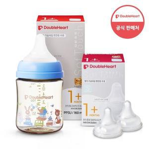 [더블하트] 모유실감 3세대 PPSU 젖병 싱글 160ml  애니멀타운 (젖꼭지S포함) +3세대 젖꼭지 2입x1개 (S)