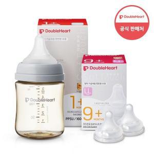 [더블하트] 모유실감 3세대 PPSU 젖병 싱글 160ml  새벽그레이 (젖꼭지S포함) +3세대 젖꼭지 2입x1개 (LL)