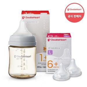 [더블하트] 모유실감 3세대 PPSU 젖병 싱글 160ml  새벽그레이 (젖꼭지S포함) +3세대 젖꼭지 2입x1개 (L)