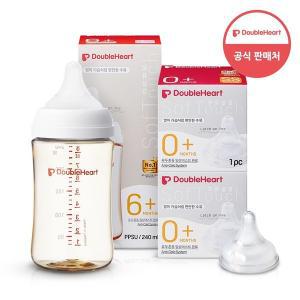 [더블하트] 모유실감 3세대 PPSU 젖병 싱글 240ml  제뉴인화이트 (젖꼭지L포함) +3세대 젖꼭지 1입x2개 ...