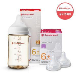 [더블하트] 모유실감 3세대 PPSU 젖병 싱글 240ml  제뉴인화이트 (젖꼭지M포함) +3세대 젖꼭지 2입x1개 (L)