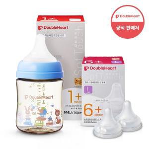 [더블하트] 모유실감 3세대 PPSU 젖병 싱글 160ml  애니멀타운 (젖꼭지S포함) +3세대 젖꼭지 2입x1개 (L)