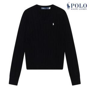 POLO RALPH LAUREN  폴로 랄프로렌 여성 케이블 니트 코튼 브이넥 스웨터 블랙