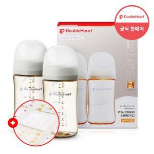 [더블하트] 모유실감 3세대 PPSU 젖병 모먼트 트윈팩 240ml 오후의베이지 (젖꼭지미포함) (+가제손수건 ...