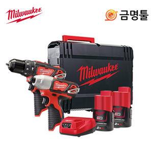 밀워키 M12 BPP2B-202X 충전콤보세트 2.0AH 2팩 케이스포함 임팩드릴 햄머드릴 M12 BID M12 BPD콤보