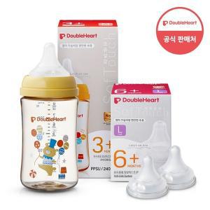 [더블하트] 모유실감 3세대 PPSU 젖병 싱글 240ml  서커스베어 (젖꼭지M포함) +3세대 젖꼭지 2입x1개 (L)