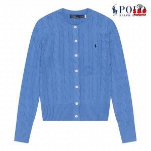 polo ralphLauren 여성 케이블 니트 코튼 크루넥 가디건 블루_P35085449