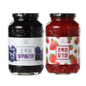 초록원 딸기잼1kg + 블루베리쨈1kg 새콤 달콤한 과일잼 (2병)