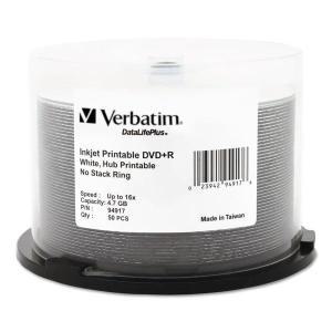 Verbatim DVDR 47GB 16X DataLife플러스 흰색 잉크젯 인쇄 가능 허브 50pk 스핀들 94917 47 기가바이트