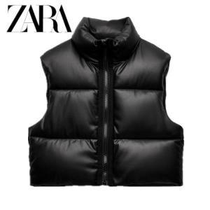 ZARA 우먼 점퍼 조끼 나시 검은색 크롭 스타일 인조래더 4369048 800