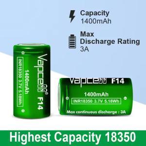 대용량 Vapcell INR 18350 배터리, 손전등용 충전식 리튬 이온 배터리, 1400mAh 100%, F14, 3A, 3.7V, 1835