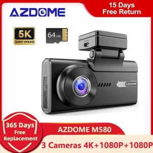 AZDOME M580 차량용 DVR 5K 대시 캠 3 카메라, 4K + 1080P + 1080P 후방 캠 녹화, GPS 와이파이 야간 투시