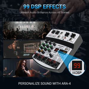 ARVOMIC 블루투스 USB 인터페이스 오디오 믹서 4 채널 DJ 믹싱 콘솔 99DSP 파티 무대 노래방 ARA-4