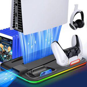 PS5충전거치대 수직 스탠드 쿨러 RGB 라이트 듀얼 컨트롤러 스테이션 6 게임 슬롯 플레이스테이션 5 용 냉