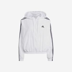 (W) 아디다스 에센셜 삼선 우븐 윈드브레이커 자켓 화이트 - US 사이즈 Adidas Essential 3-Stripes Woven