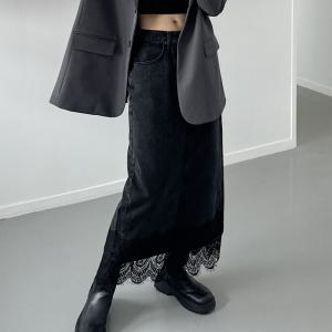 [옷자락]여자 블랙진 슬릿 FW H라인 MAXI 레이스 롱스커트