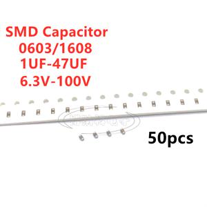 0603 1608 SMD 캐패시터 1UF 2.2UF 4.7UF 10UF 22UF 47UF 6.3V 10V 16V 25V 35V 50V 63V 100V X7R X5R K = ± 10%, 50 개 M = ± 20%