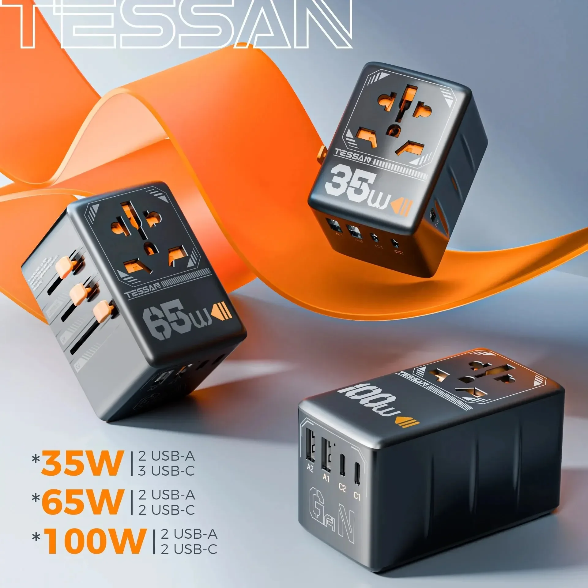 TESSAN 100W GaN 범용 여행용 어댑터, USB 및 C 타입 고속 충전 국제 플러그 어댑터, 여행용 EU, UK, USA, AUS 플러그