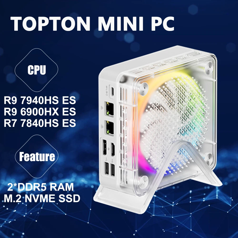 Topton 미니 PC RGB 컬러 게이머, AMD Ryzen 9 7940HS ES 7 7840HS ES 미니 PC, 윈도우 11, 와이파이 6, 게임용 PC DDR5 NVMe SSD, 4K 컴퓨터