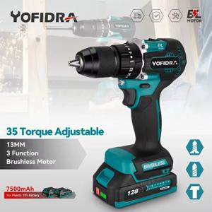 Yofidra 브러시리스 전기 임팩트 드릴, 효율적인 무선 전기 스크루 드라이버 도구, Makita 18V 배터리용, 13mm, 35 + 3 토크