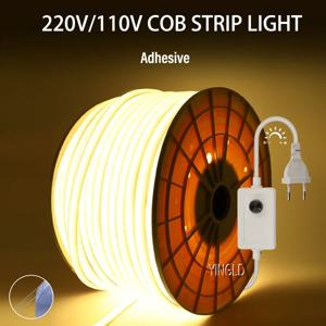 고휘도 COB LED 스트립 조명, 유연한 네온 테이프, 주방 캐비닛 조명, 방수 정원, 110V 스위치, 조도 조절 RA90, 220V