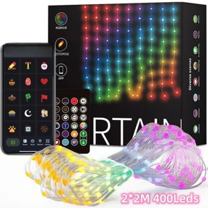 USB 스마트 앱 애니메이션 커튼 조명 스트링, 400LED DIY 그림 디스플레이, 음악 동기화, LED 스트링, 야외 RGB 요정 조명, 파티 장식