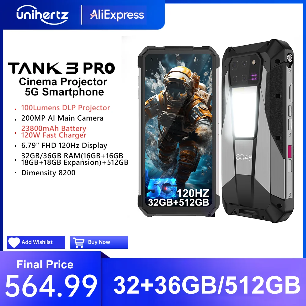 Unihertz 탱크 3 프로 8849 견고한 스마트폰, 안드로이드 5G, 100 루멘 프로젝터, 32 GB, 36GB, 512GB, 23800mAh, 방수 200MP 휴대폰