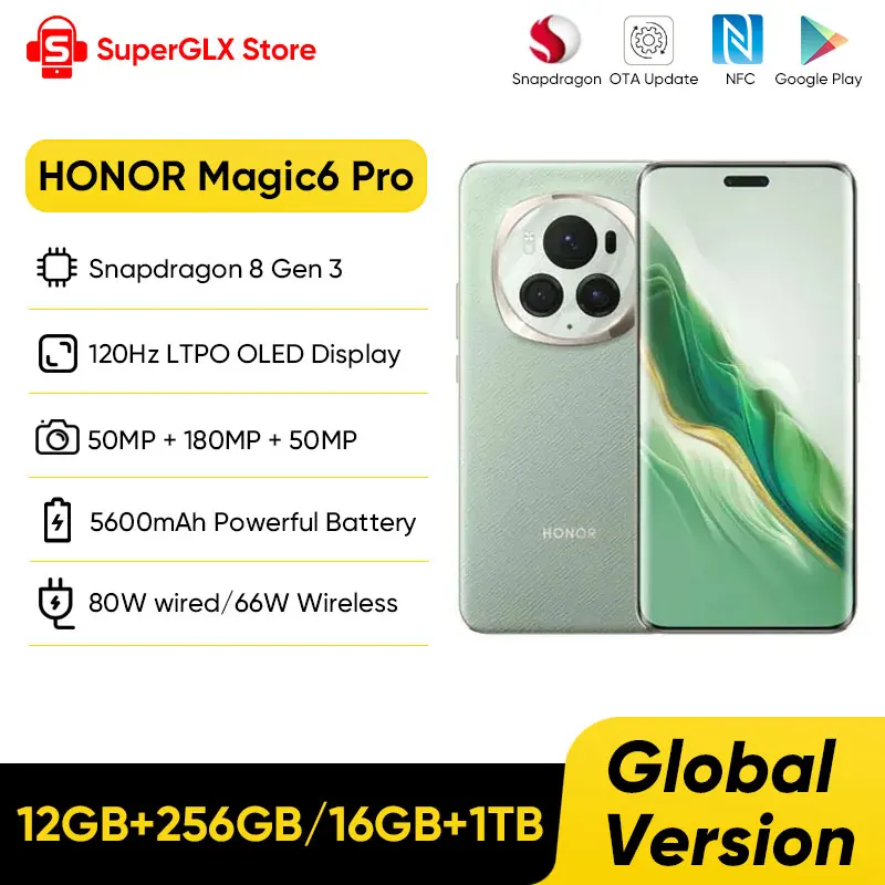 HONOR Magic6 Pro 글로벌 버전, 스냅드래곤 8 Gen 3, 6.8 인치 쿼드 커브 플로팅 스크린, 180MP 잠망경 망원 카메라, 2024 신제품