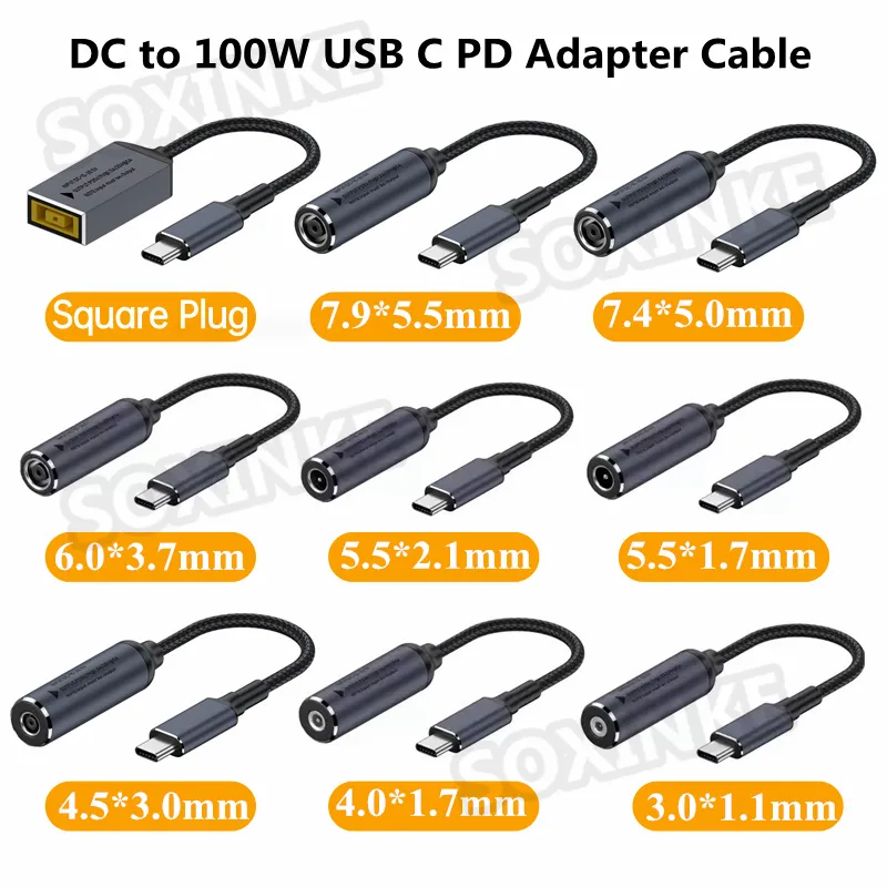 USB C 타입 PD 고속 충전 케이블 컨버터, 델 HP, 아수스, 레노버, 삼성 노트북용, DC 전원 어댑터-USB C PD 커넥터, 100W