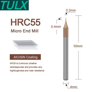 TULX HRC55 마이크로 스퀘어 엔드 밀 2 플루트, 0.2-0.9mm TiAIN 마이크로 플랫 4mm 생크 밀링 커터, Mirco 카바이드 CNC 조각 비트, 1PC