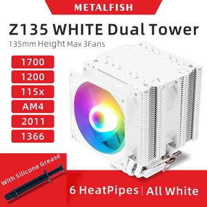 Z135 올 화이트 CPU 쿨러, 6 개의 히트 파이프, 1700, 1200, 115x, AM4 지원, 효율적인 4 핀 PWM ARGB 팬, 조용한 환풍기 라디에이터