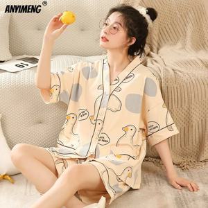 Elizabeth Duck M-5XL 여성용 코튼 파자마, 기모노 스타일 가디건, 잠옷, 한국 잠옷, 플러스 사이즈 잠옷, 반바지, 여름