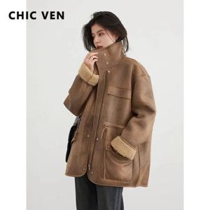 CHIC VEN 여성용 두꺼운 따뜻한 솔리드 스웨이드 리버시블 재킷, 오토바이 아우터 코트, 루즈한 여성 오버코트, 겨울, 가을, 2023