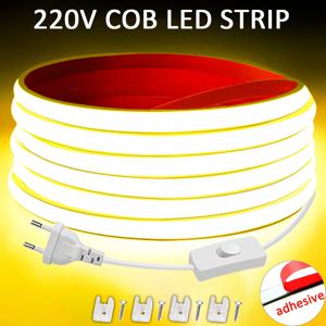 고휘도 방수 COB LED 스트립, 유연한 리본, 침실 주방 야외 정원 조명, 220V, 220V