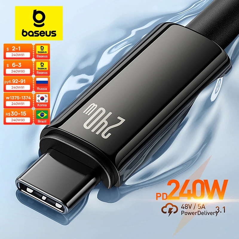 Baseus USB C 케이블, 아이폰 16, 15 플러스, 프로 맥스, 맥북용 슈퍼차지 고속 충전기, 샤오미, 삼성용, 240W