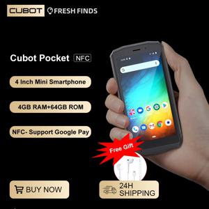 Cubot Pocket, 4인치 미니폰, 안드로이드 스마트폰, NFC지원, 4GB RAM, 64GB ROM(128GB 확장), 듀얼심 4G폰, 3000mAh 배터리, 1600만 화소 카메라, mini smartphone, 4G mobile phones, 얼굴 인식 Face ID