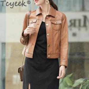 Tcyeek 100% 리얼 가죽 자켓 오일 왁스 양모 여성용 오토바이 가죽 자켓 가을 짧은 유행 코트 Veste Cuir Femme