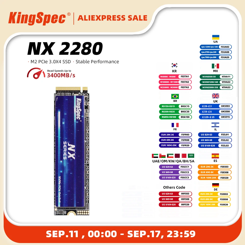 KingSpec 노트북 데스크탑용 SSD 솔리드 스테이트 드라이브, M2 NVME, 128GB, 256GB, 512GB, 1TB, 2TB, SSD 속도 3400 MB/s, M.2 PCIe 3.0 디스크 NVME